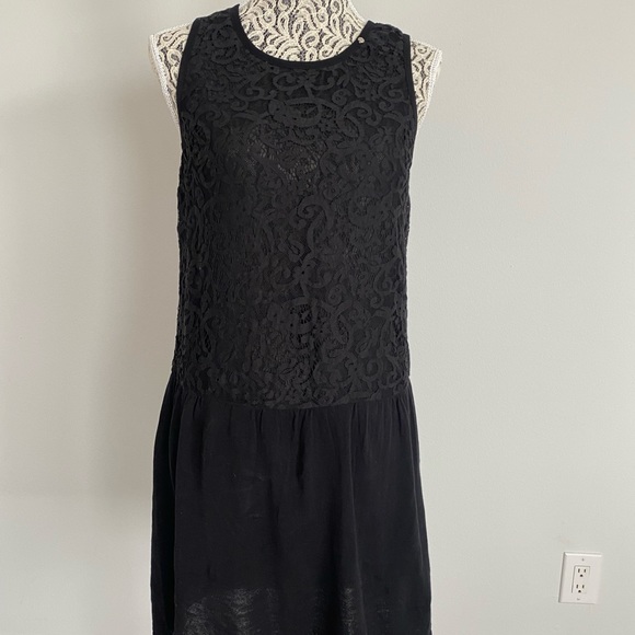 Lose fit black dress with cotton blend skirt with shear lace top - Picture 1 of 4